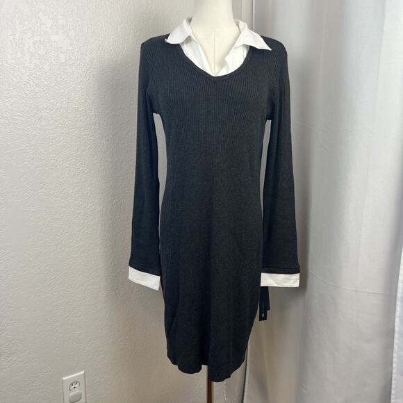 AB Studio Dresses & Skirts - Layered V-Neck Sweater Dress Womens XL Grey Fitted Ribbed Preppy Old Money Chic